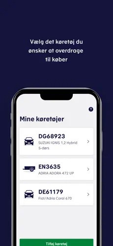 Ejerskifte-appen: skærm hvor køber vælger, hvilket køretøj der skal overdrages