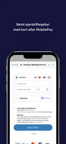 Ejerskifte-appen: betalingsskærm for ejerskiftegebyret med kort eller MobilePay