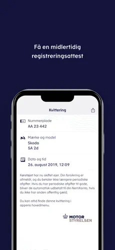Ejerskifte-appen: kvitteringsskærm med midlertidig registreringsattest efter ejerskiftet